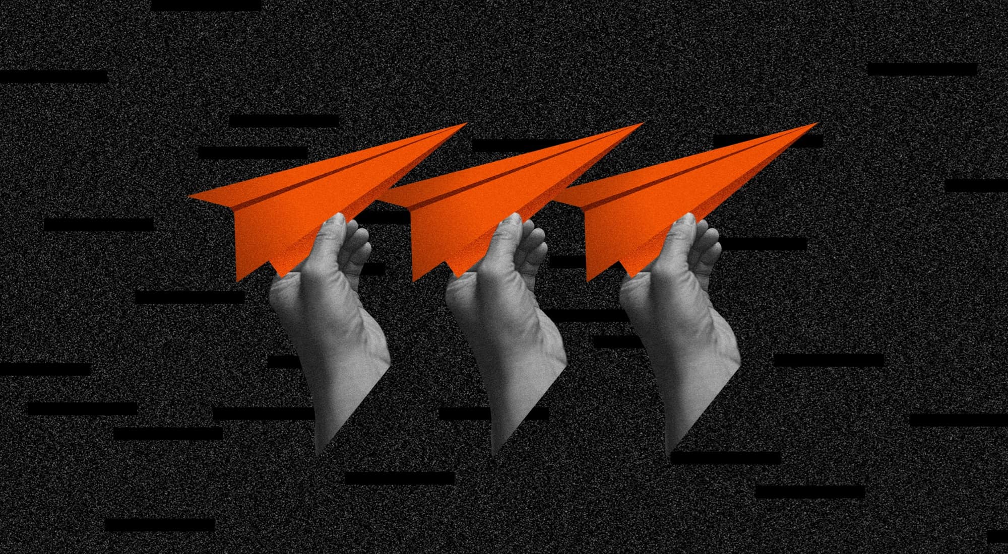 Three disembodied hands poised to throw orange paper airplanes.