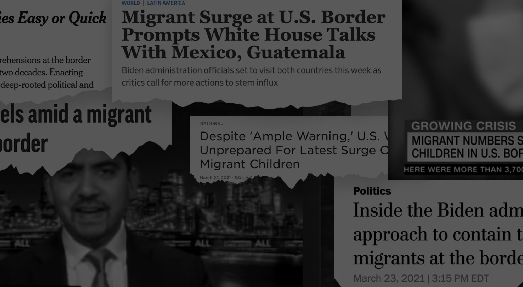 Collage of news headlines about migrants at the border.