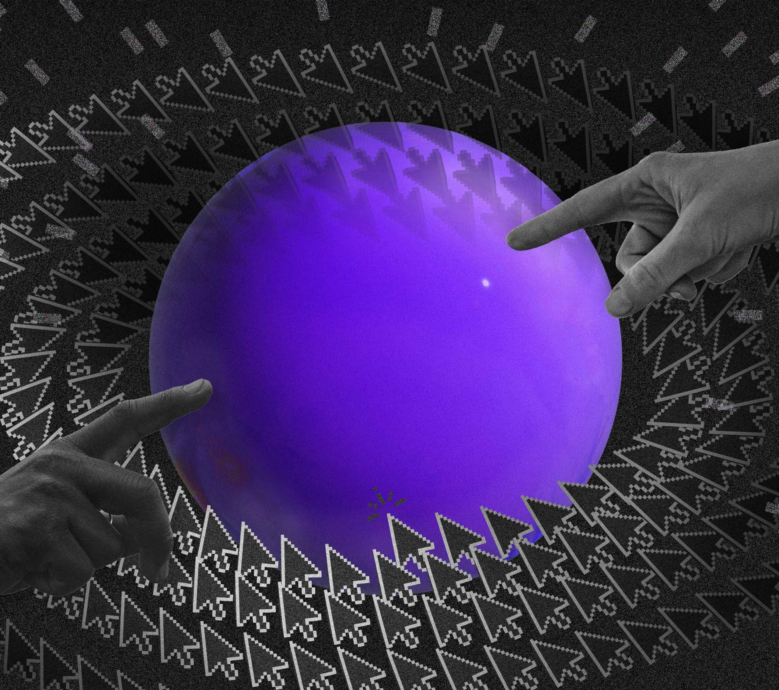Two hands about to pop a large purple bubble surrounded by a vortex of mouse cursors.