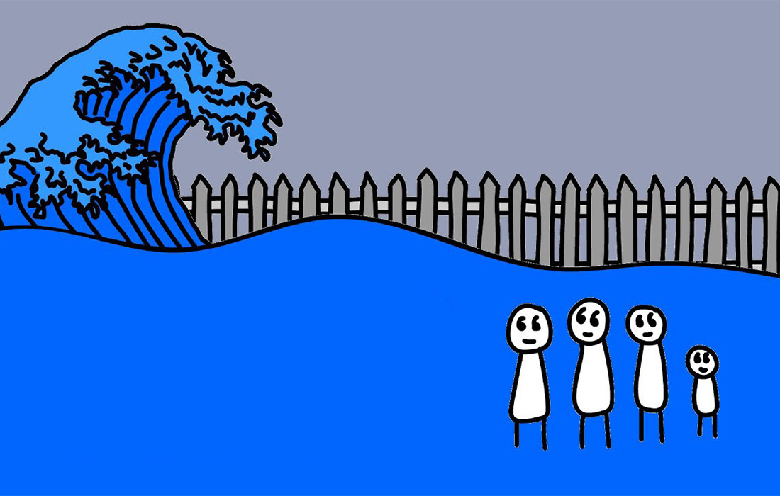 A cartoon family standing next to a huge blue wave by the border wall.