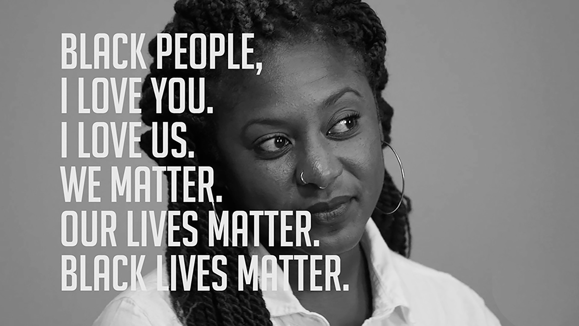 Alicia Garza under the text 'Black people, I love you. I love us. We matter. Our lives matter. Black lives matter.'