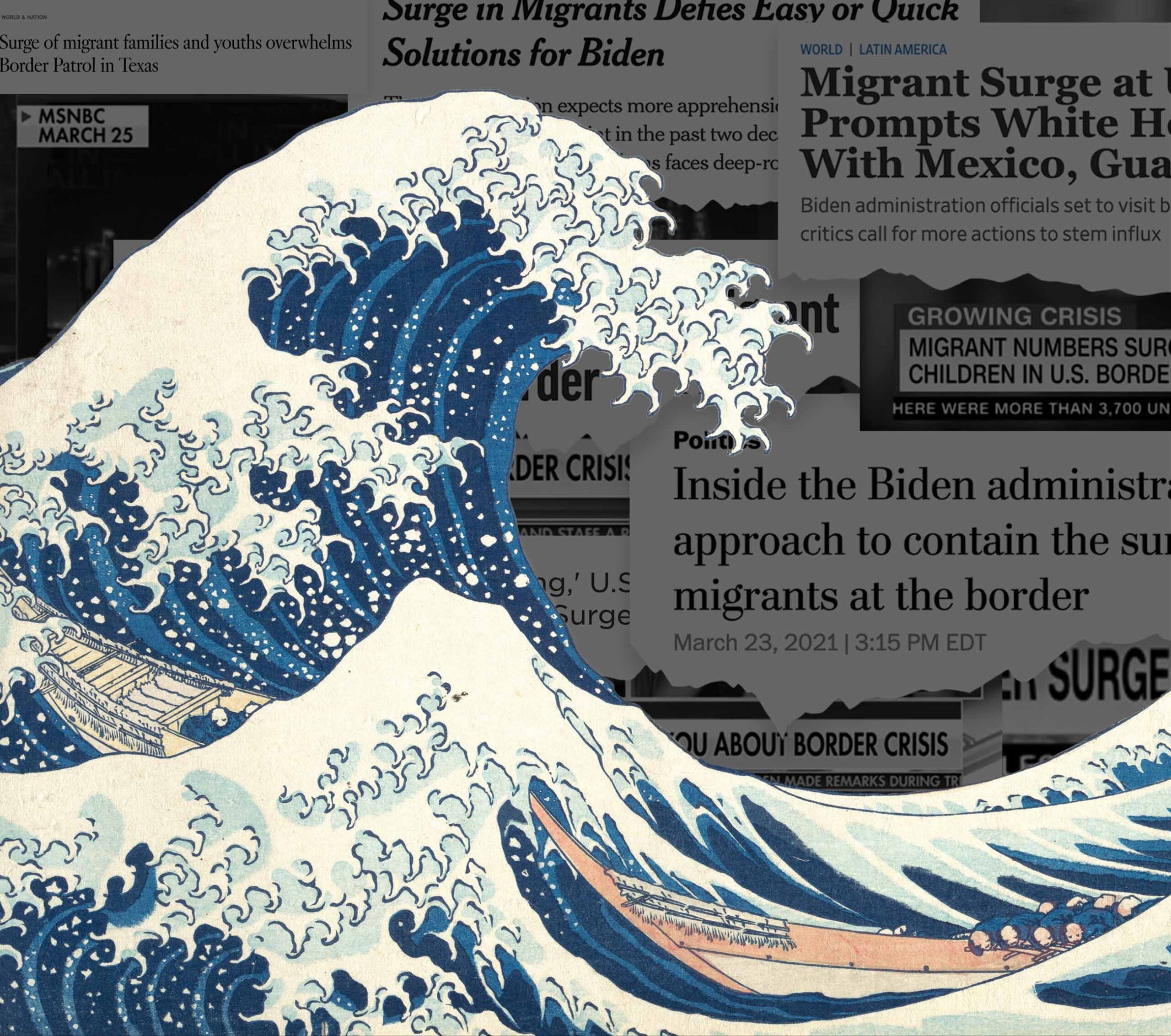An ocean wave looms over several news headlines mentioning 'migrants', 'surge' and 'crisis'.